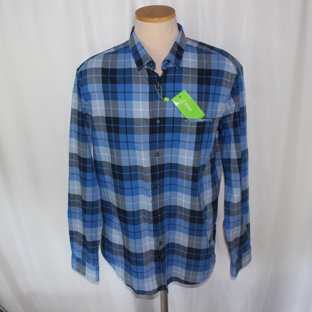 Hugo Boss Blue Plaid Mens Dress Shirt